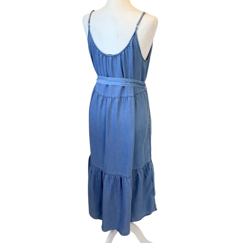 LOFT Chambray Belted Midi Swing Dress Tiered Blue Petite M - Picture 4 of 10